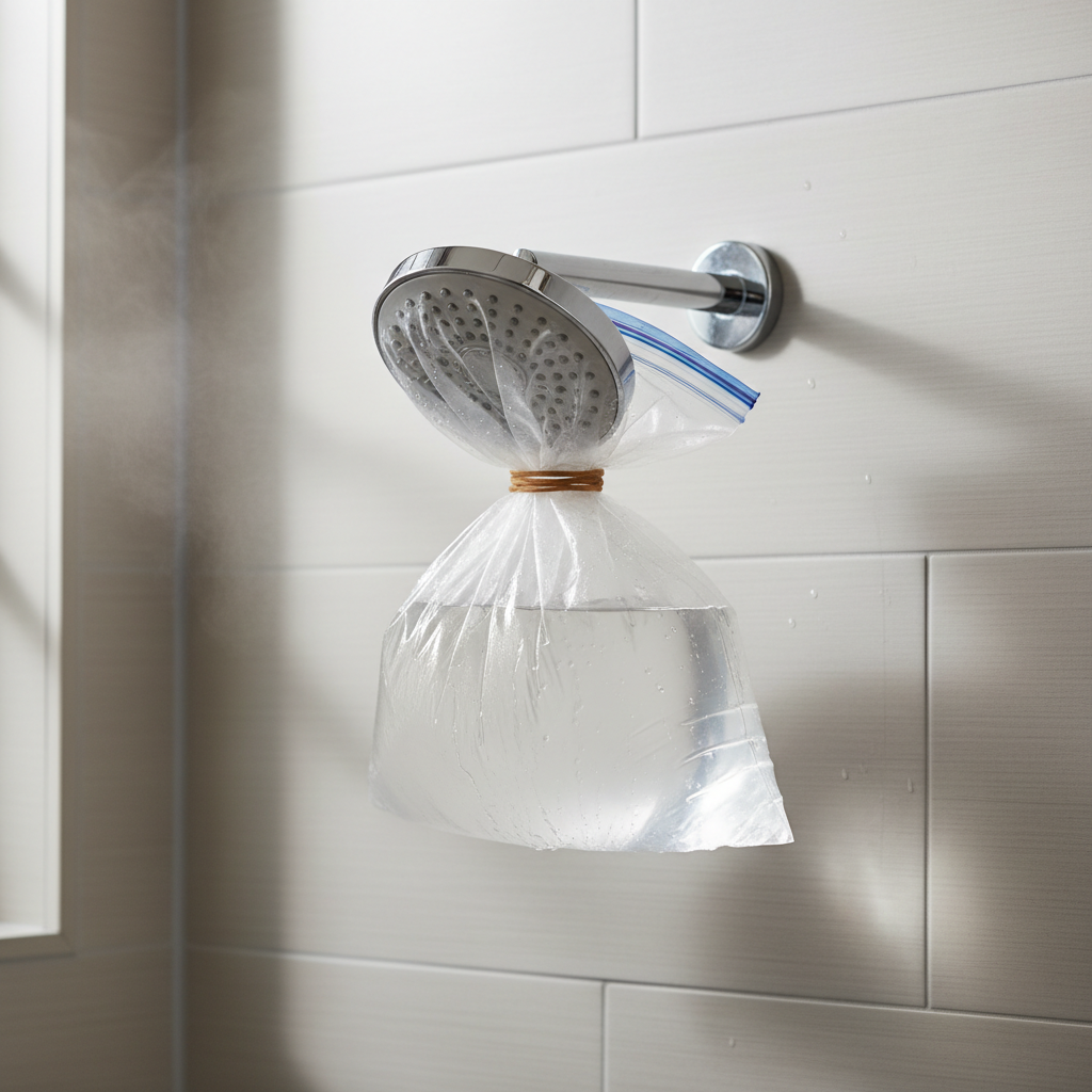 Zip-top bag of hot water soaking a shower head to loosen mineral deposits