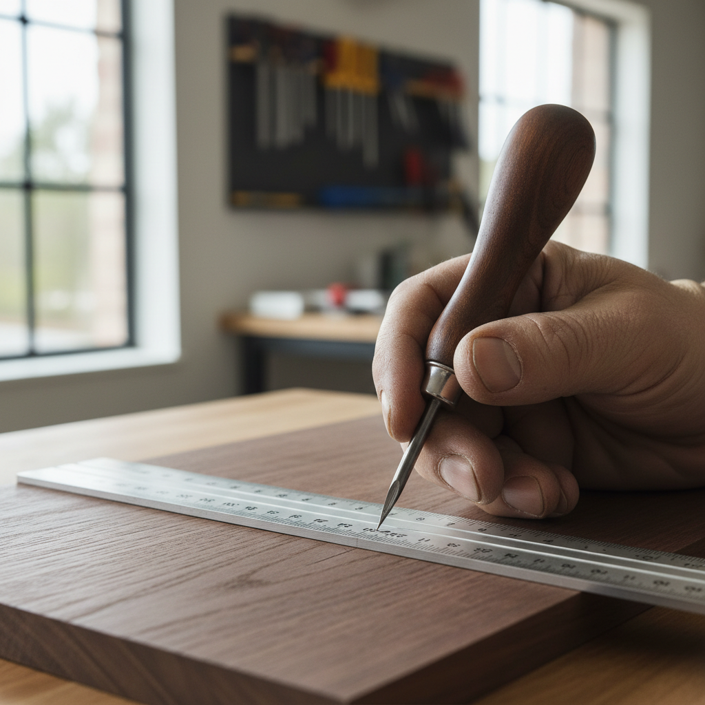 Close-up of scratch awl scribing along a combination square on hardwood