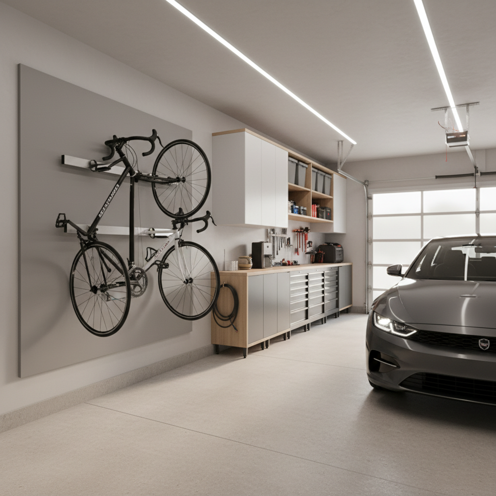 Organized garage wall with bikes stored on a wall-mounted rack