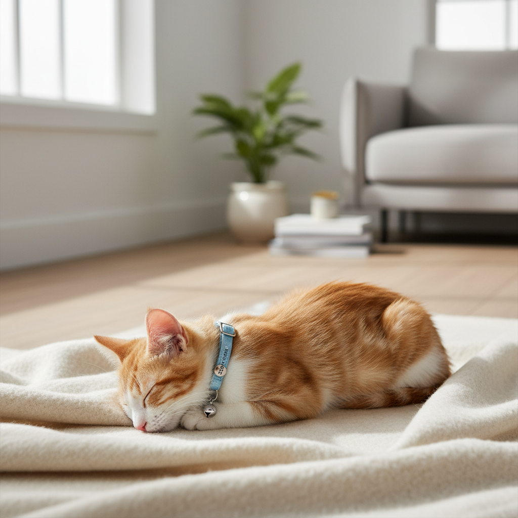 Kitten wearing a lightweight breakaway collar indoors