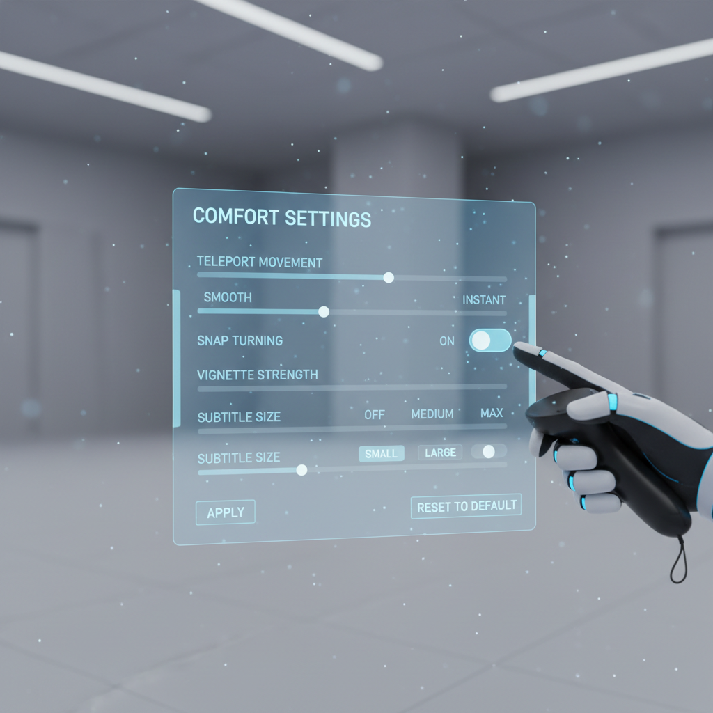 Comfort settings menu for VR locomotion and snap turning