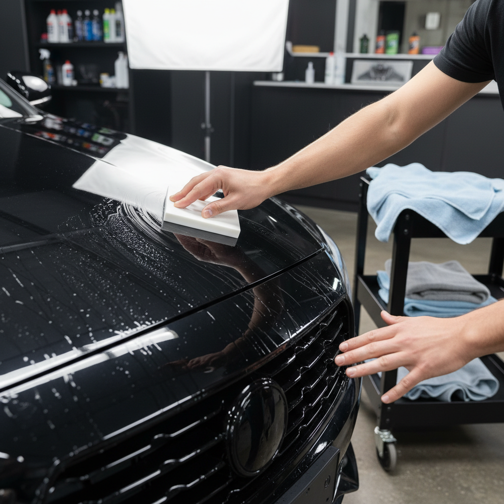 Detailer claying a black car hood to remove bonded contamination