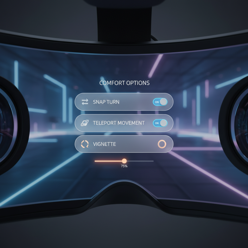 VR comfort settings menu on a headset with options like snap turning and teleport movement