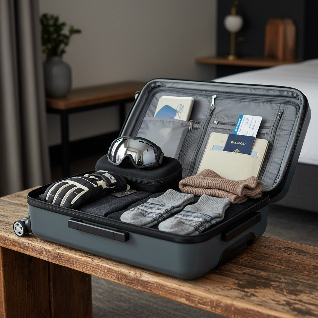 Beginner ski travel organization with a carry-on bag holding goggles, gloves, and base layers