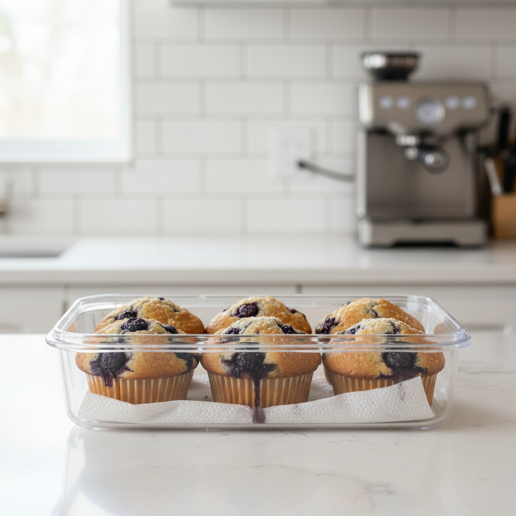 Blueberry muffins stored in airtight container with paper towel to keep moist