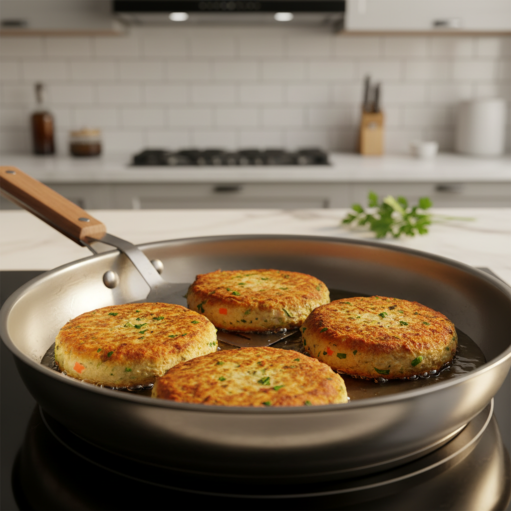 Vegetable potato cutlets frying in a skillet with a golden crust forming