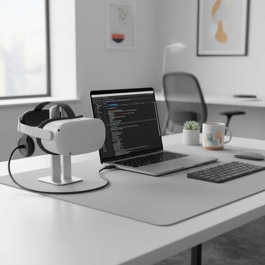 Quest 3 connected to a laptop via USB-C for ADB debugging and sideloading
