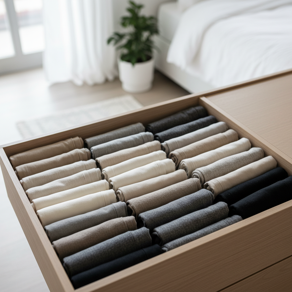 Neat drawer with space-saving folded pants stacks