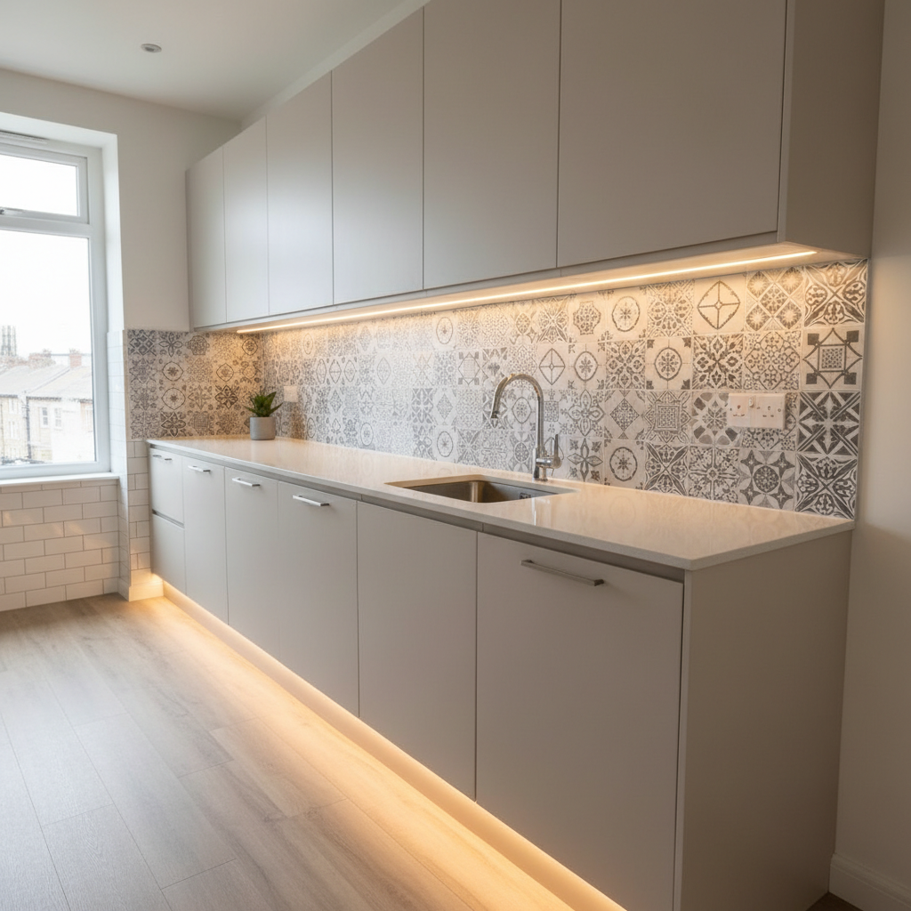 Renter-safe kitchen refresh with removable backsplash and under-cabinet lighting