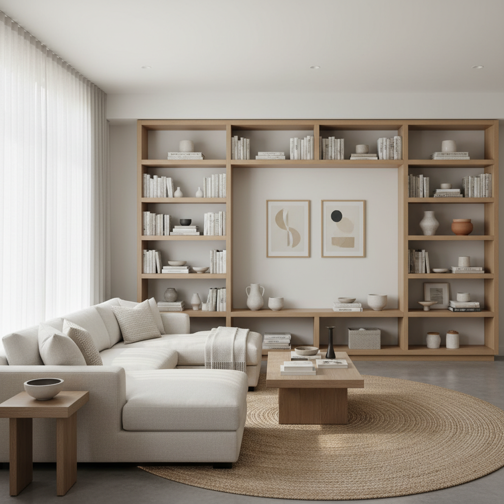 Styled living room shelves with balanced decor and negative space