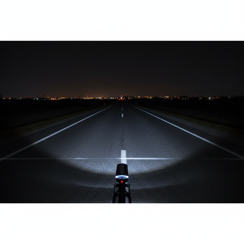 Correctly aimed bike headlight beam pattern on a dark road with clear cutoff and minimal glare