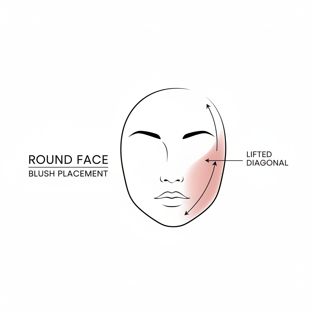 Blush placement map for a round face showing lifted diagonal placement