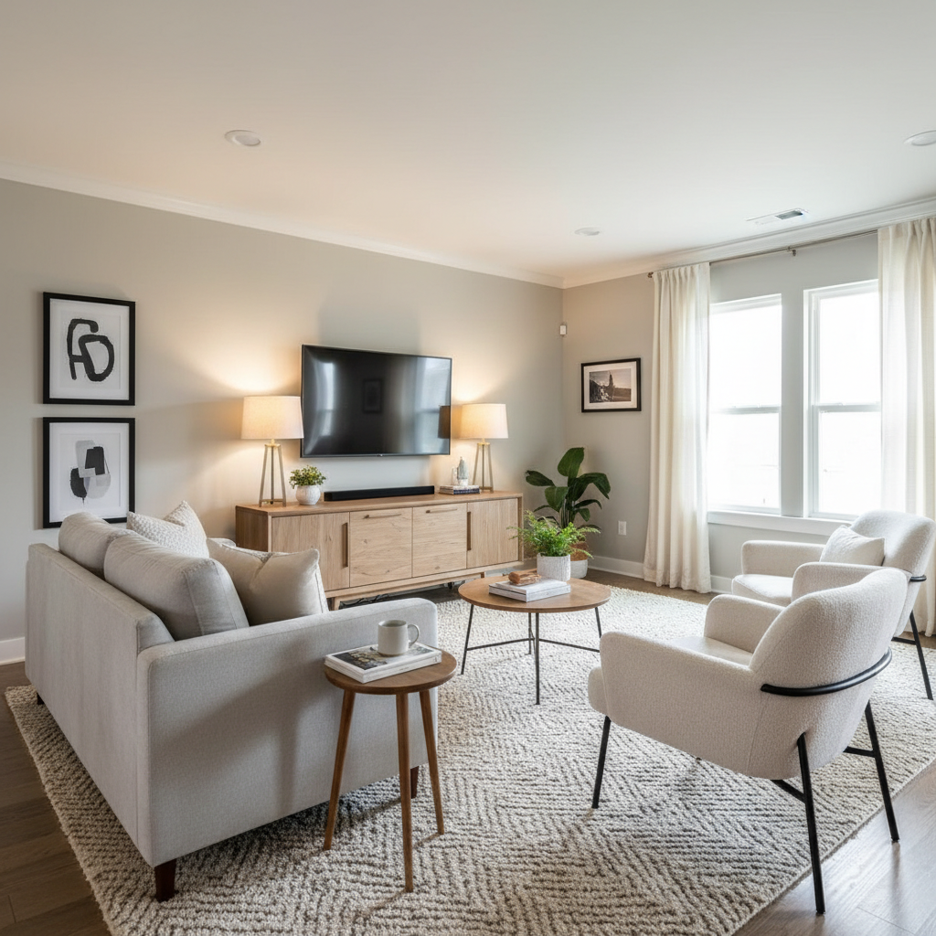Living room seating arranged around a focal point with rug and coffee table
