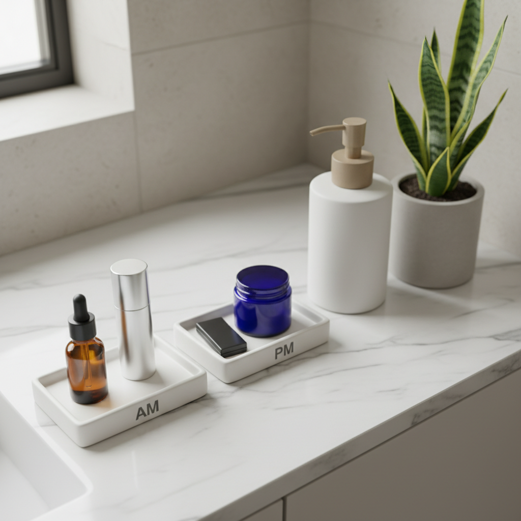 Organized small bathroom vanity with trays and containers