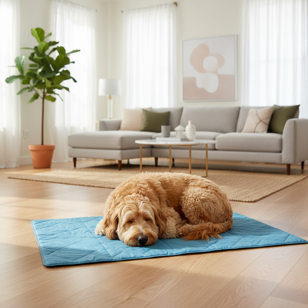 Dog lying on a cooling mat in a bright living room during summer