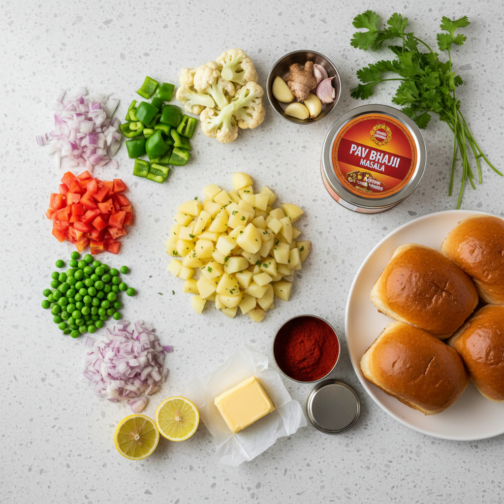 Pav bhaji ingredients laid out with pav bhaji masala and butter