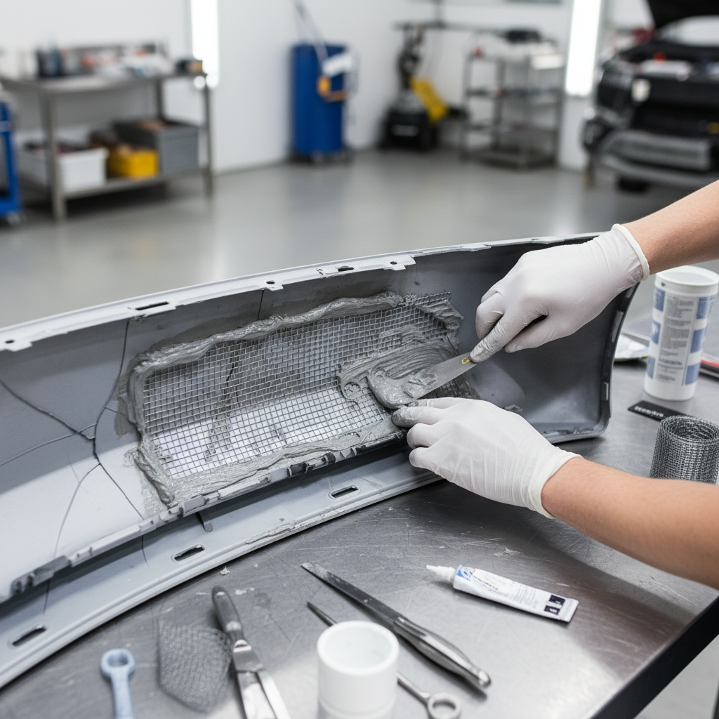 Close-up of cracked plastic bumper being repaired with mesh and compound