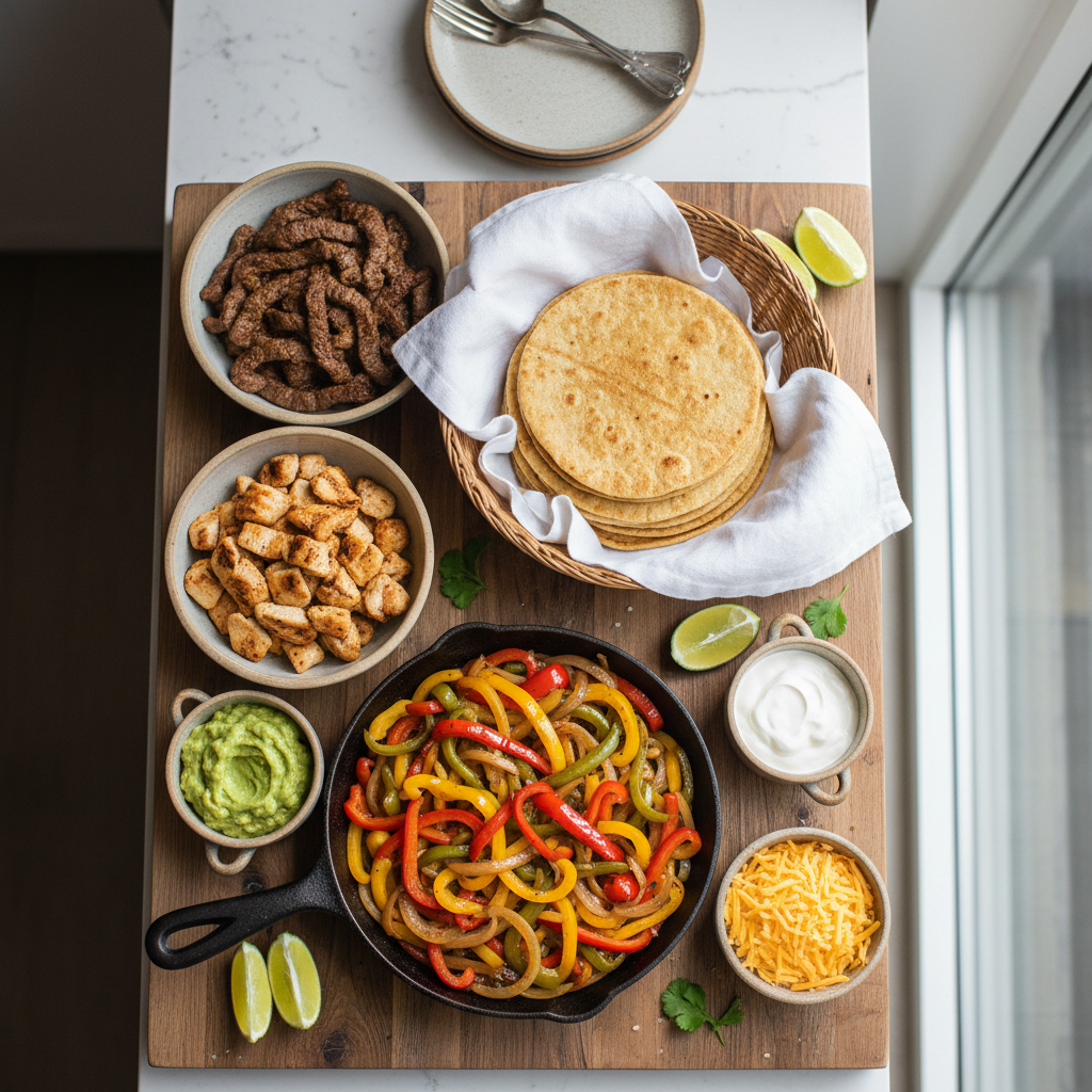 Build-your-own fajita board with tortillas, beef, chicken, peppers, onions, and toppings