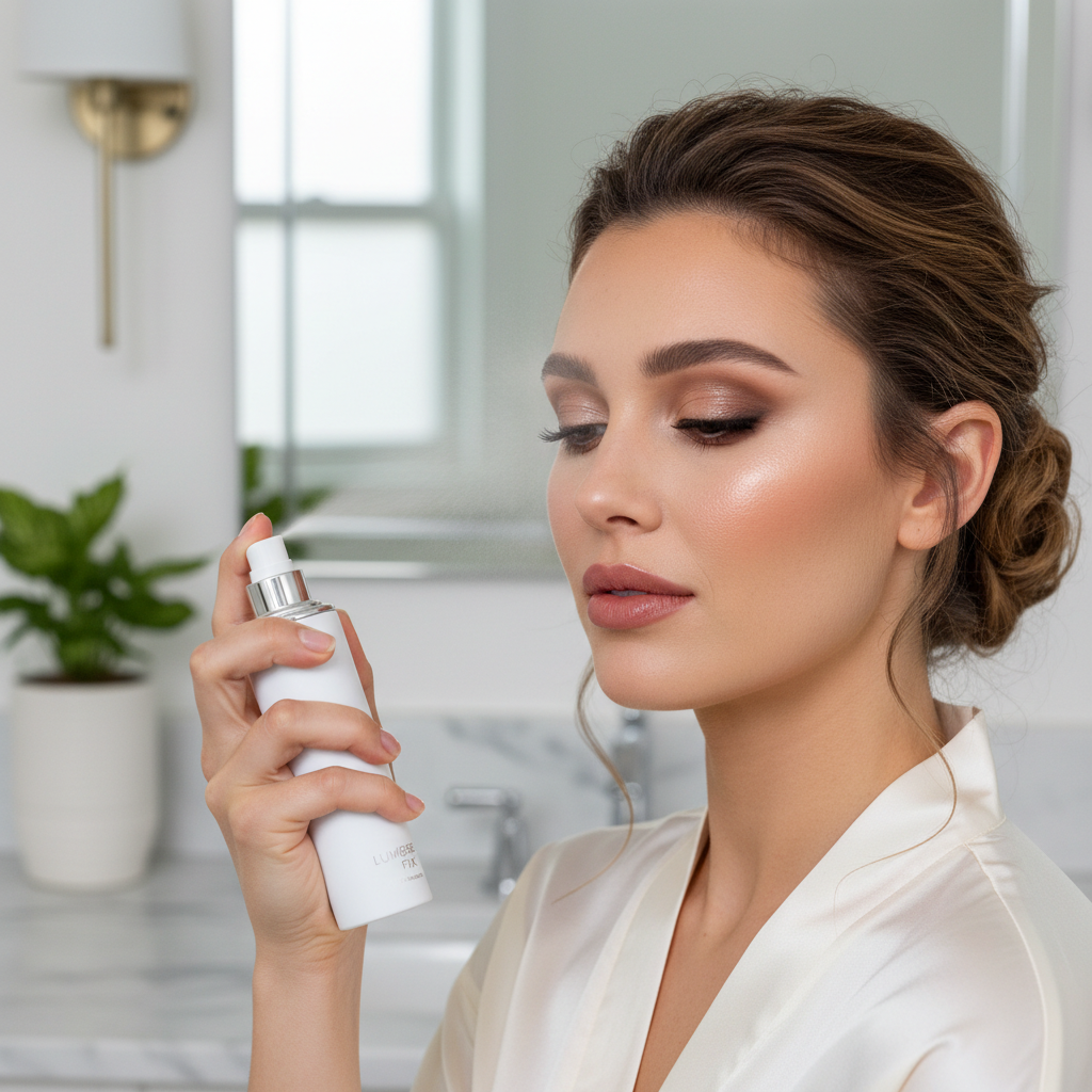 Setting spray being applied to finished makeup for long wear