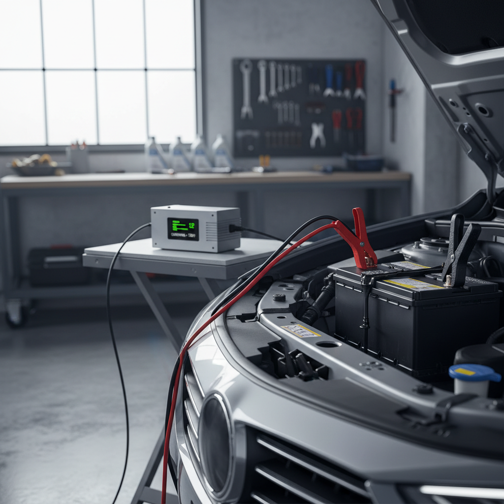Car battery being charged safely with a smart charger