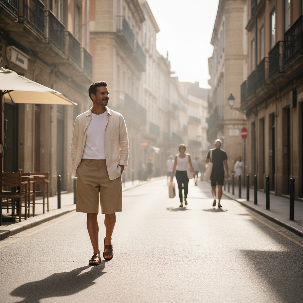 Breathable summer outfit in hot weather with linen shirt and relaxed shorts