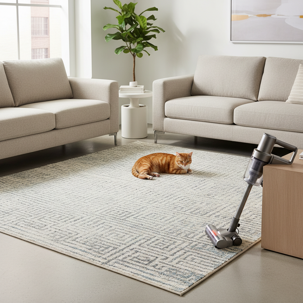 Low-pile washable rug in a compact living room with pets