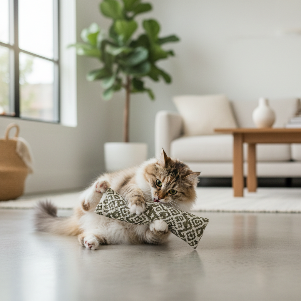Cat playing with a catnip kick toy on living room floor