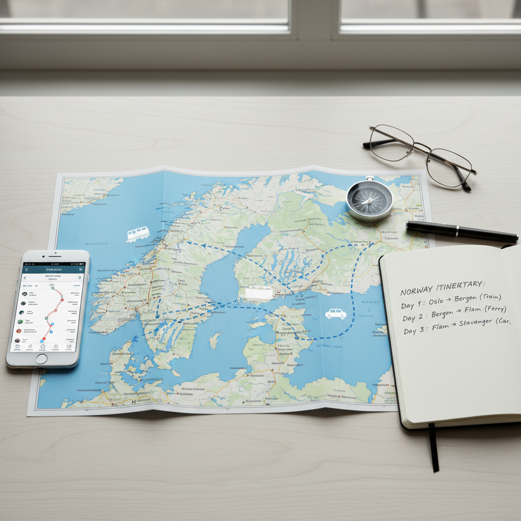 Map planning a Norway itinerary with train, ferry, and road icons