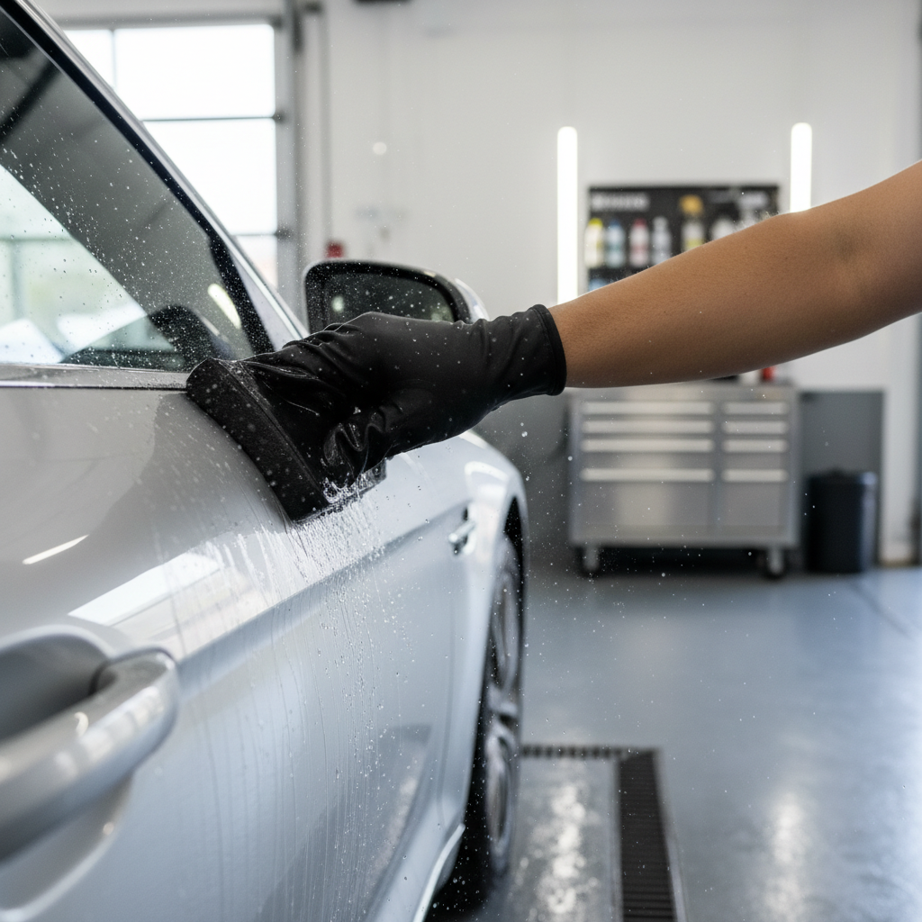 Car detailing prep with clay mitt and lubricant on clean paint