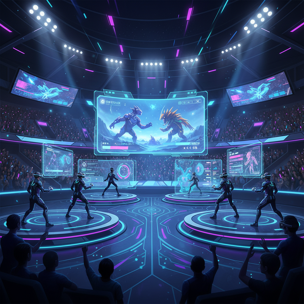 Competitive VR PVP match in a futuristic arena with players using VR headsets