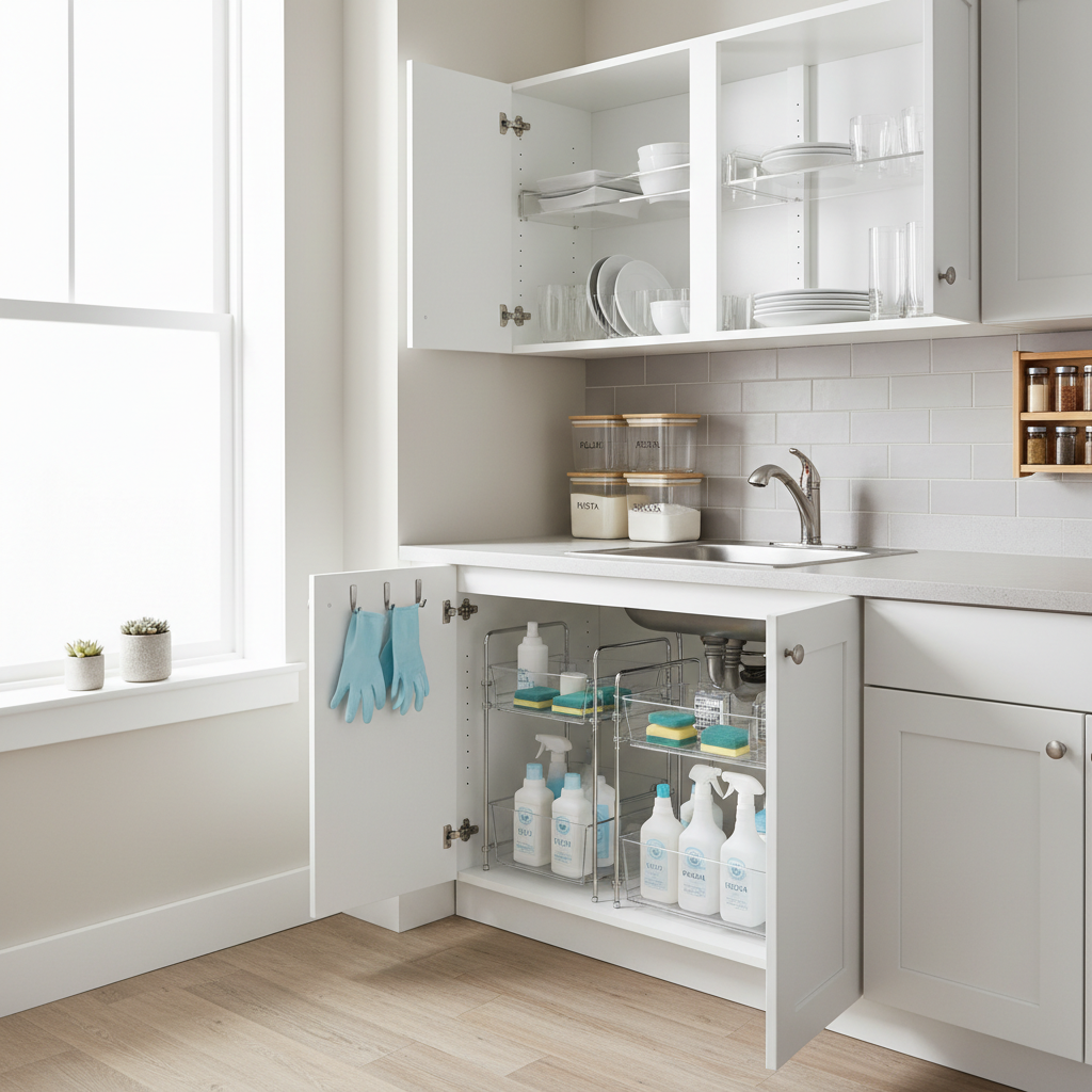 Organized small apartment kitchen with cabinet risers, labeled bins, and under-sink storage