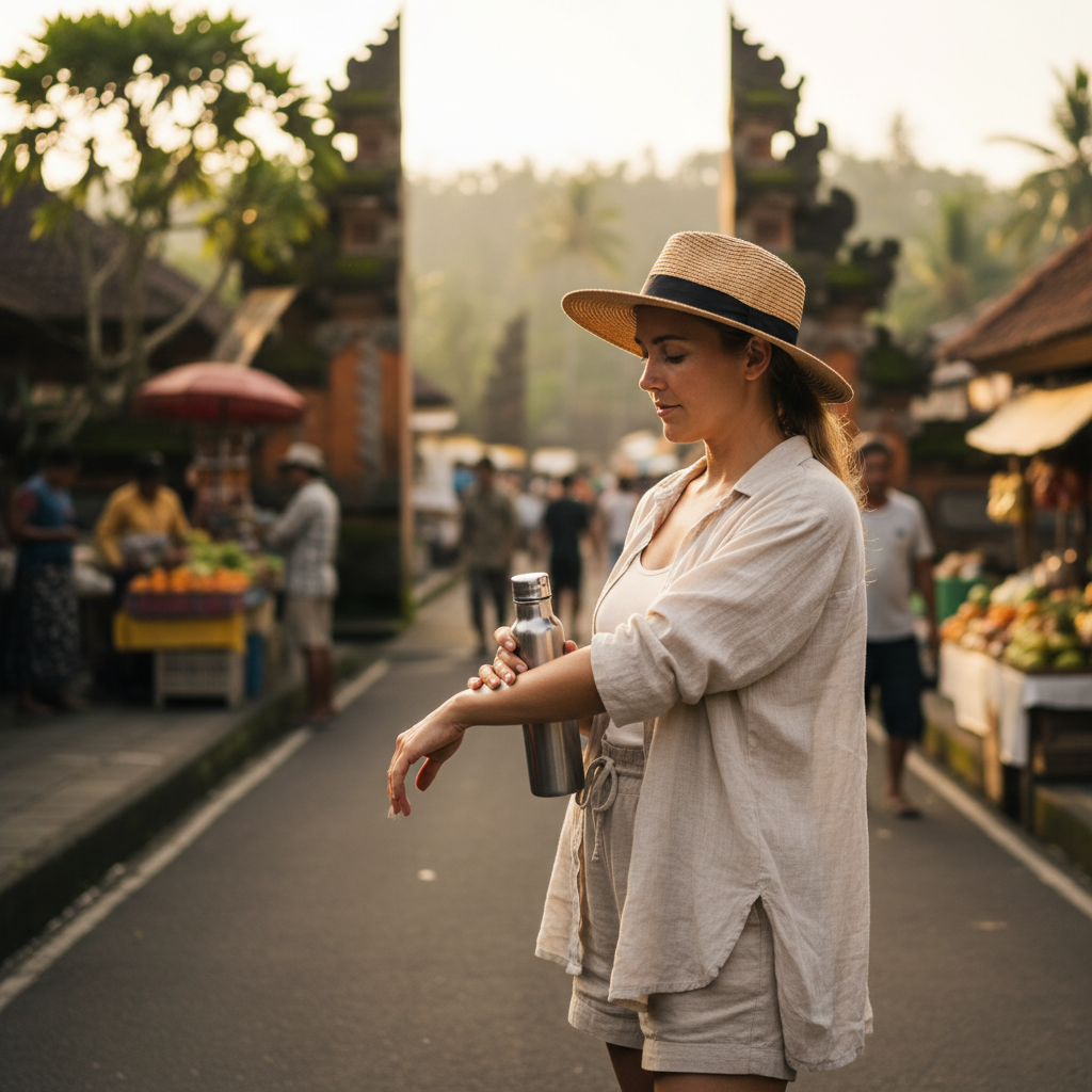Tourist using sunscreen and drinking water in Bali heat