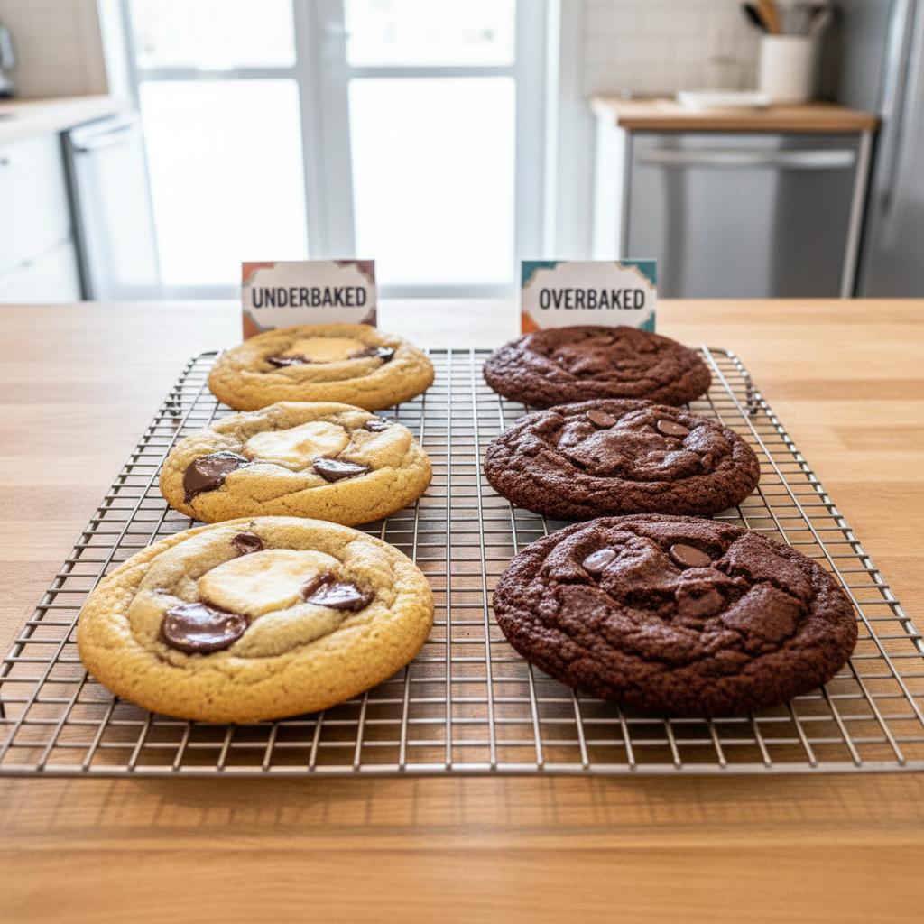 Comparing underbaked and overbaked chocolate chip cookies on a cooling rack