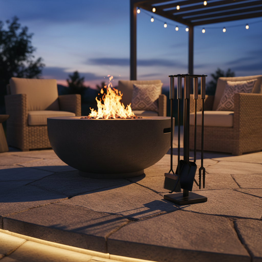 Fire pit poker tool set next to a backyard fire pit for scale and reach