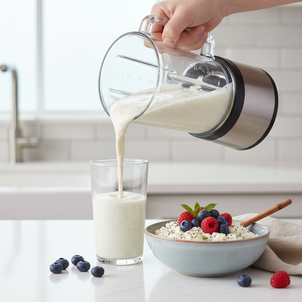 Blended cottage cheese smoothie and berry chia bowl prep