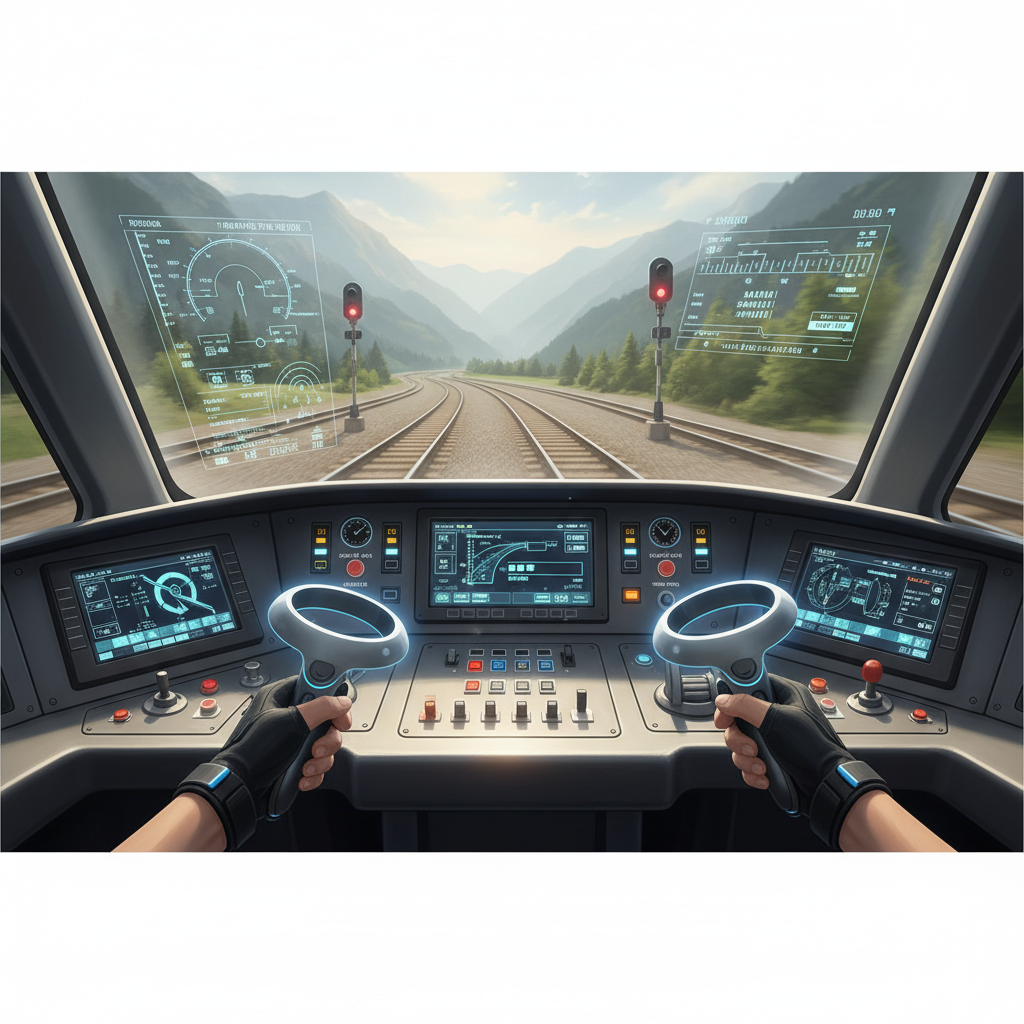 VR train simulator cockpit view with realistic controls and scenery