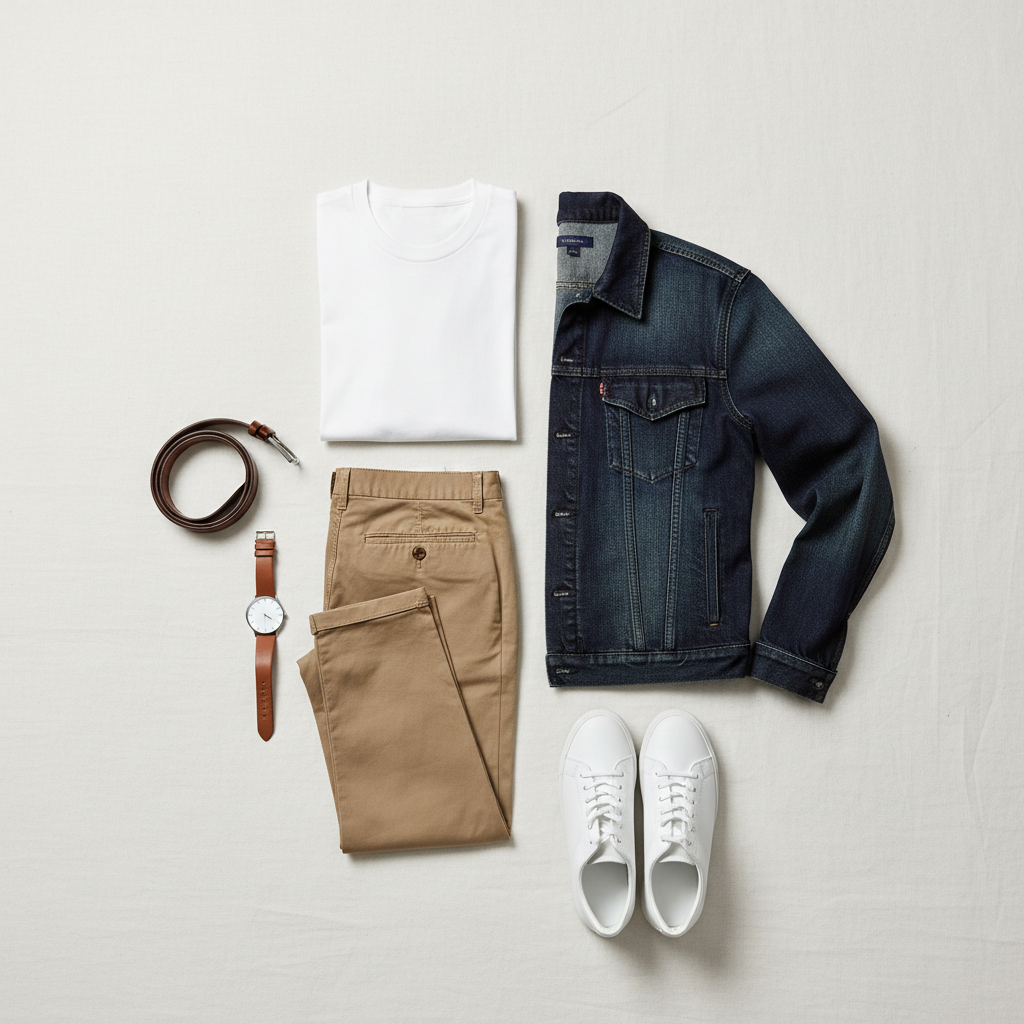 Flat lay outfit with plain white tee, chinos, denim jacket, belt and watch for men