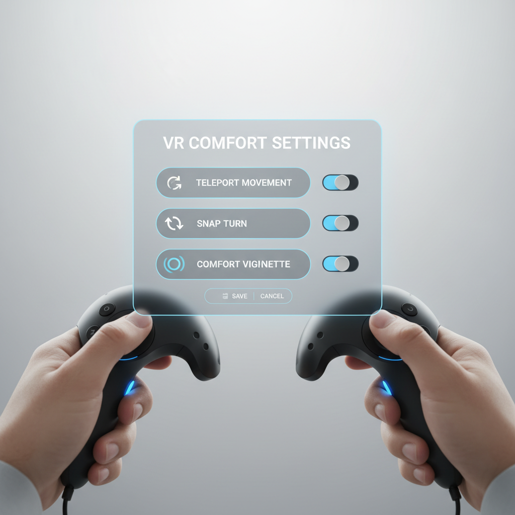 VR comfort settings menu with snap turn and vignette enabled