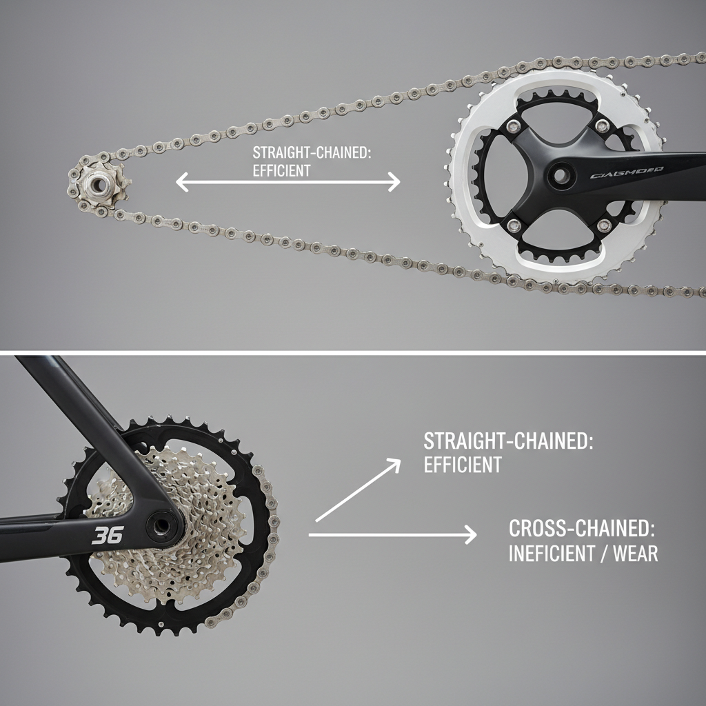Road bike drivetrain showing chain position to avoid cross-chaining