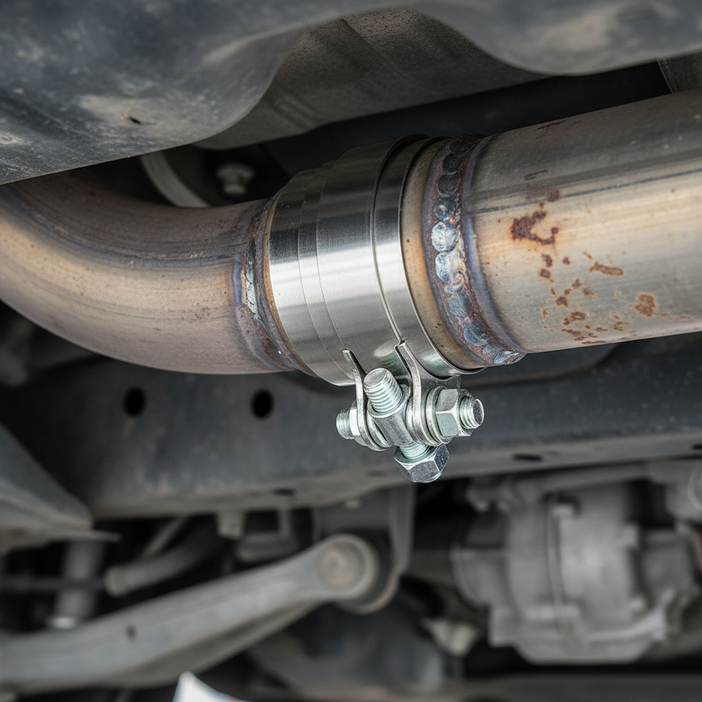 Close-up of an exhaust band clamp installed over a repaired pipe section