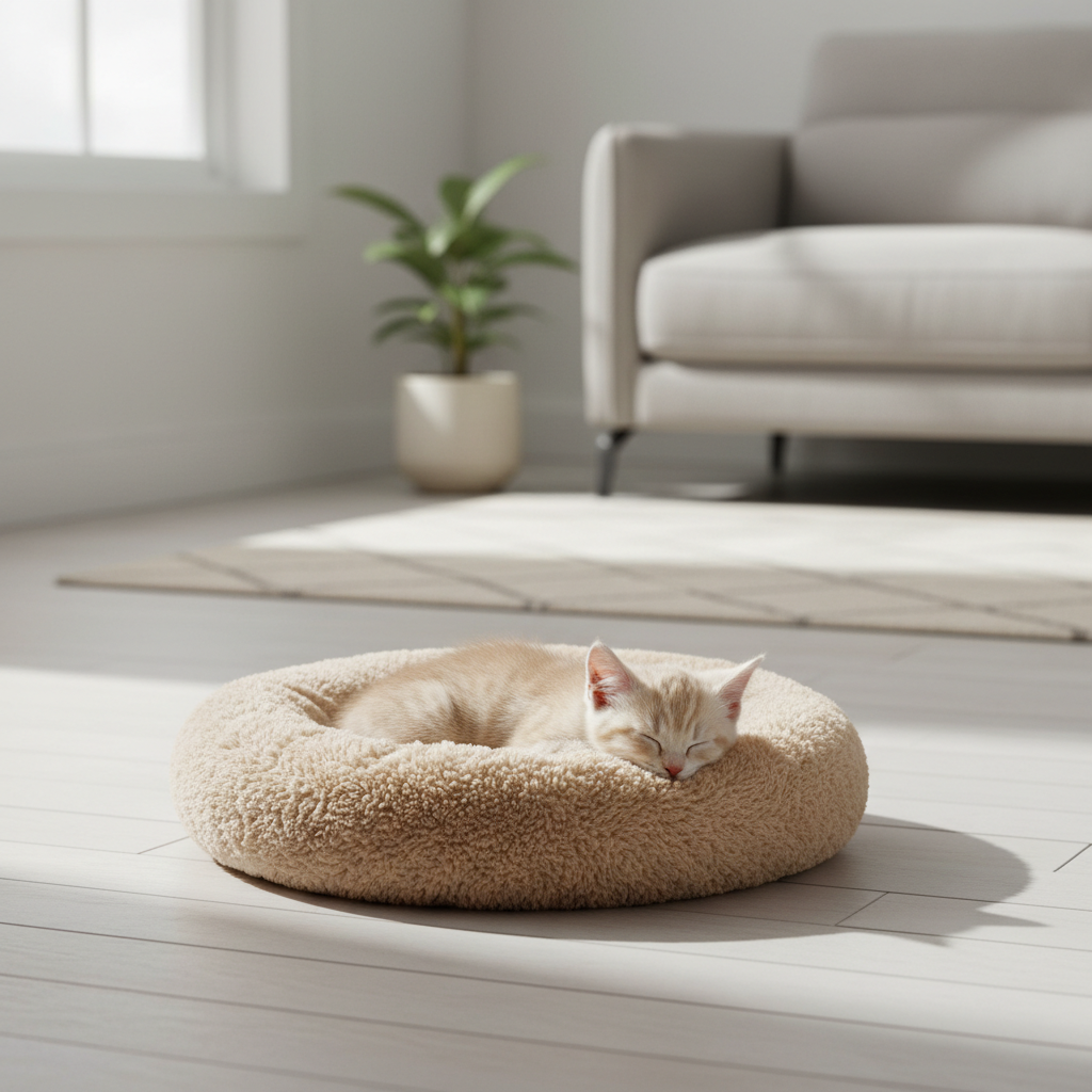 Soft kitten bed in a bright living room with a sleeping kitten