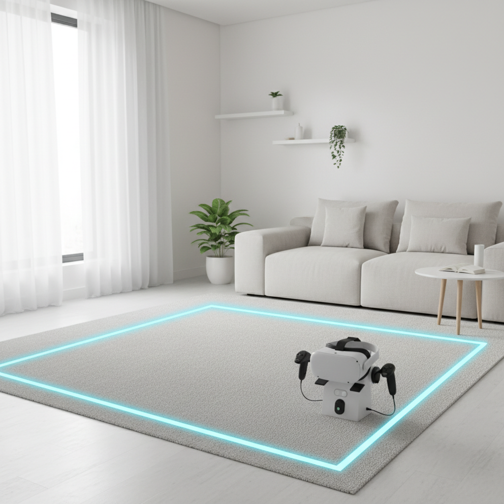 Safe VR play space setup for sword and stealth games