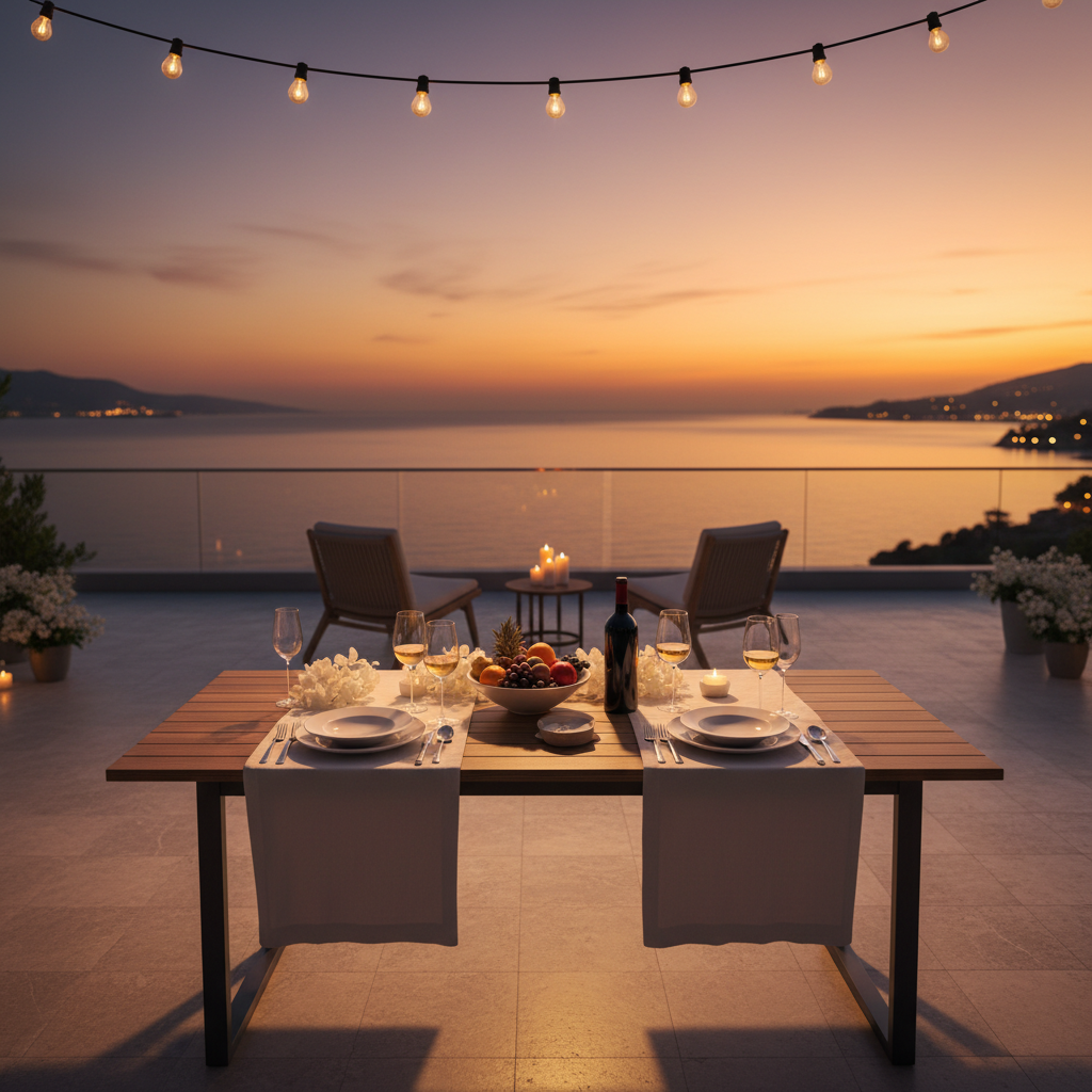 Romantic sunset dinner on a terrace overlooking water