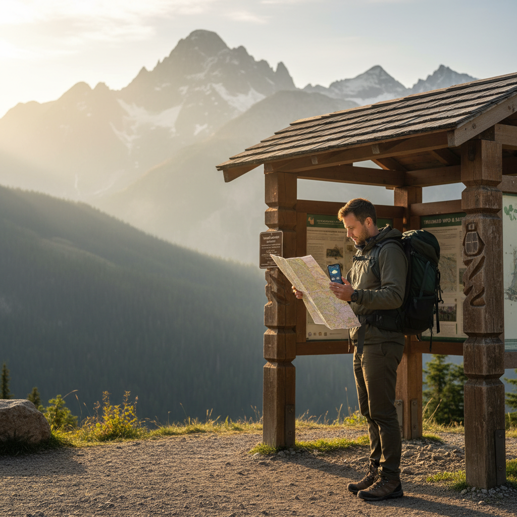 Hiker checking mountain trail map and weather forecast before a trip