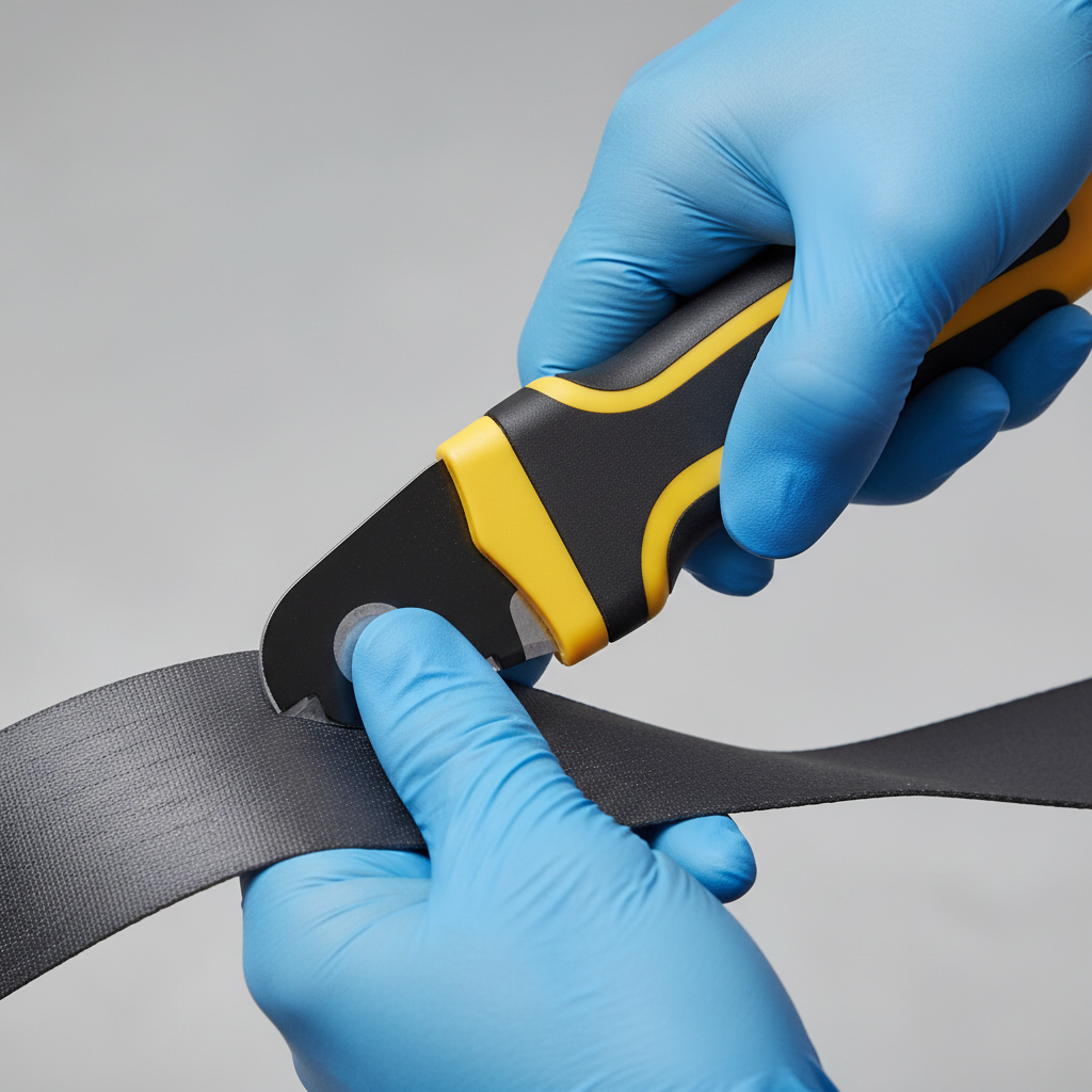 Close-up of hook-style seat belt cutter cutting webbing safely away from hands