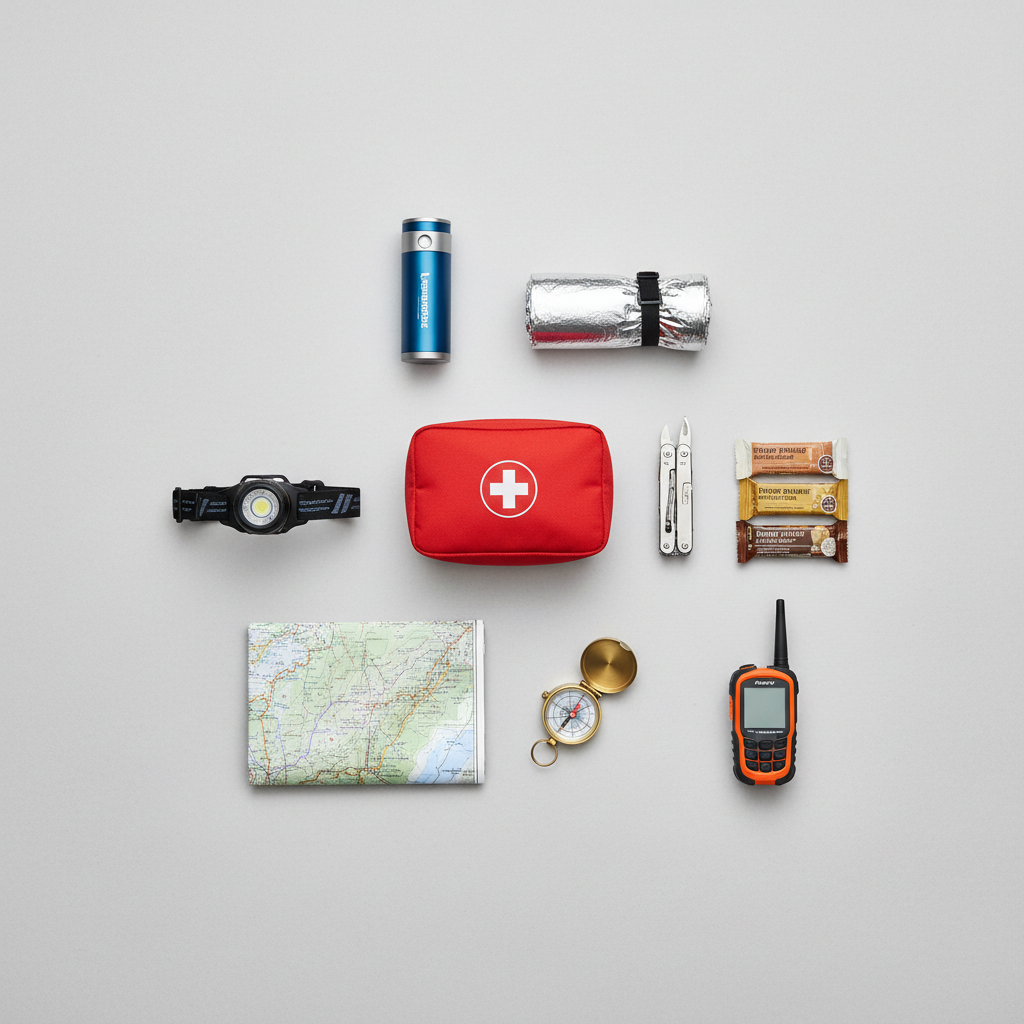 Mountain hiking emergency kit with headlamp first aid map and water filter