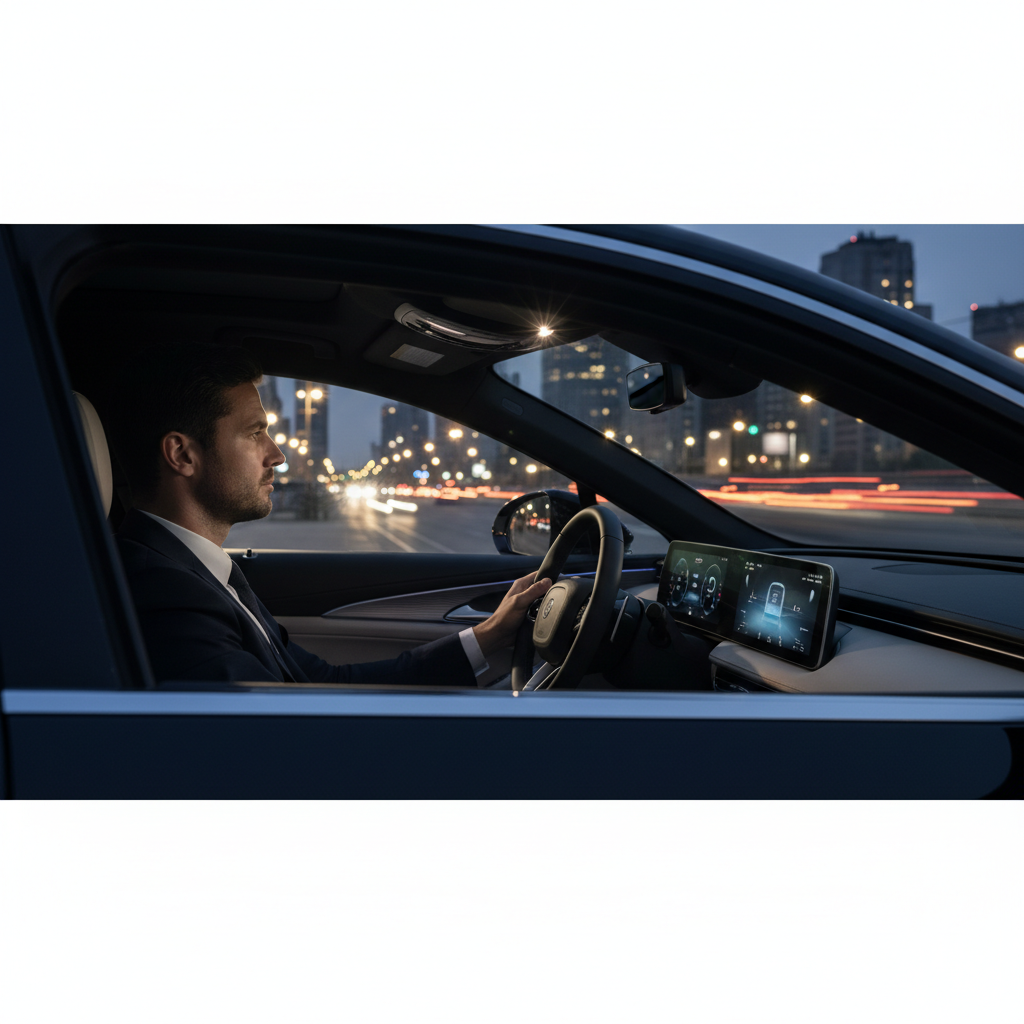Driver checking window tint darkness and visibility at dusk