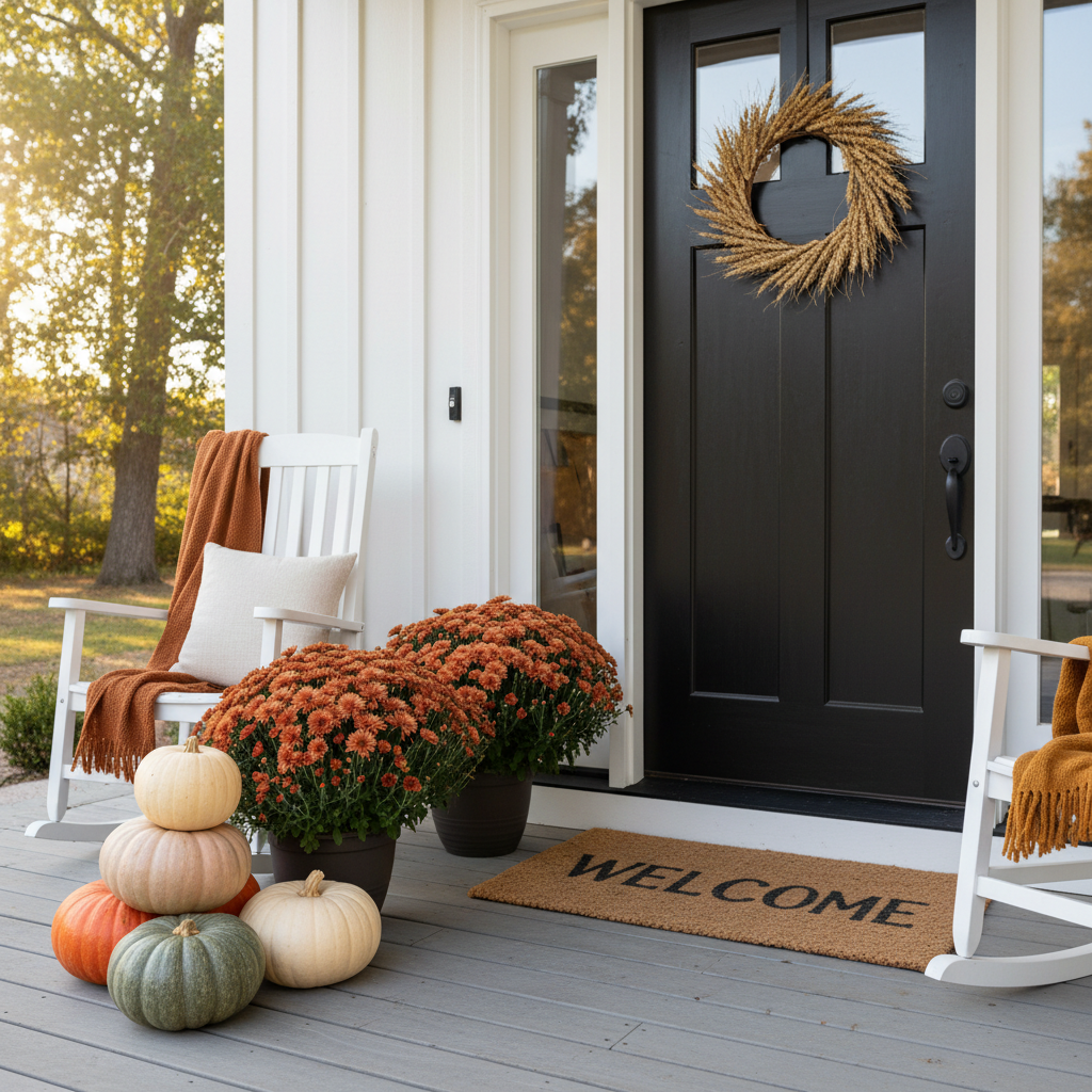 Budget friendly fall porch decor with pumpkins, mums, and a front door wreath