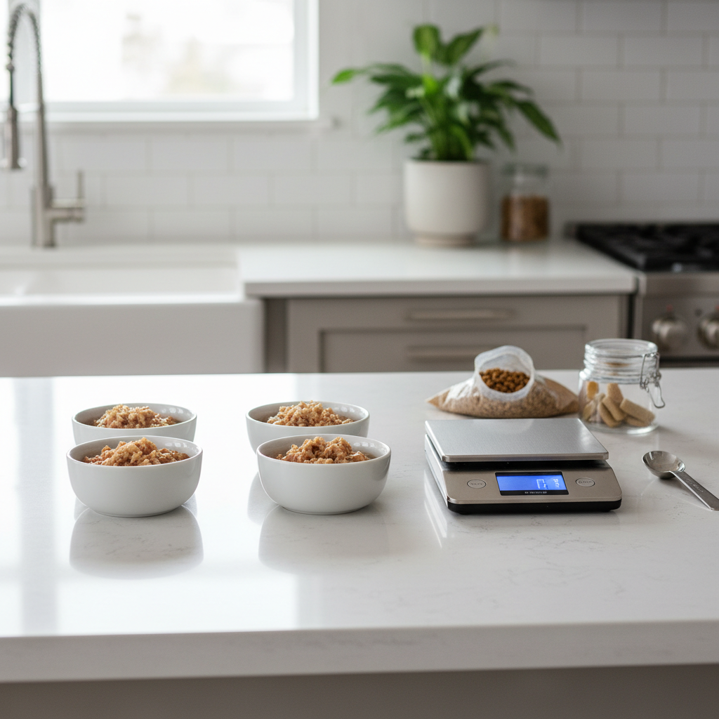 Small frequent wet food meals for safe cat weight gain with measured portions