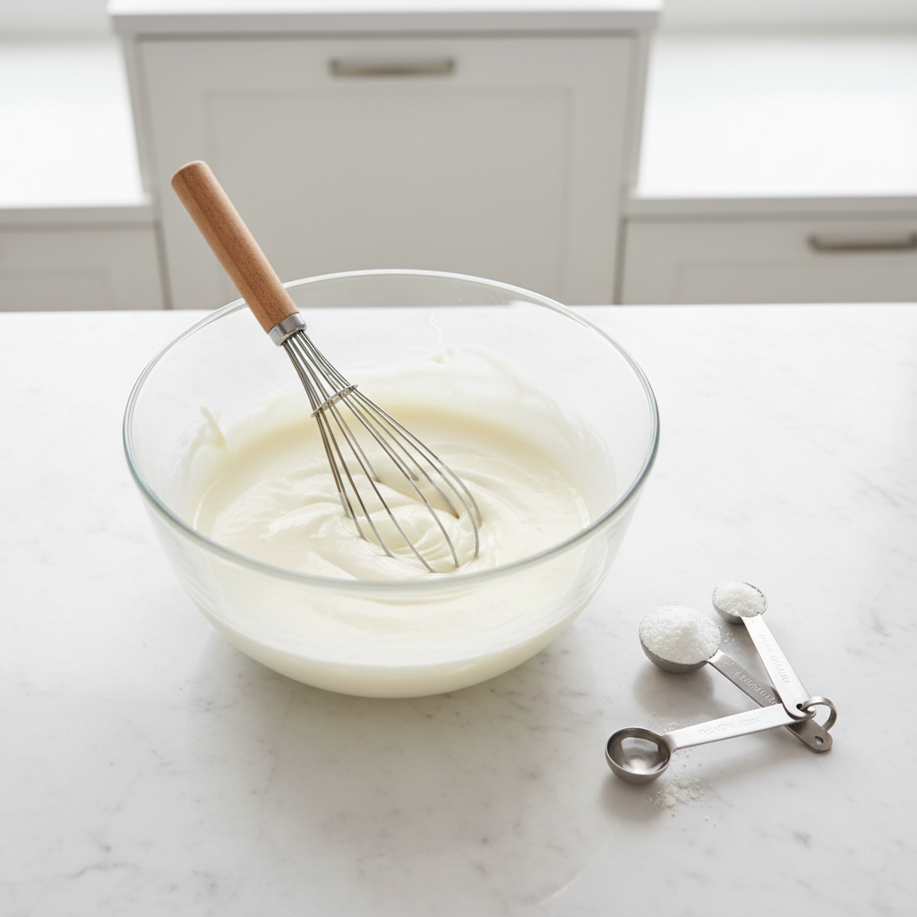 Bowl of easy cookie icing with whisk and measuring spoons